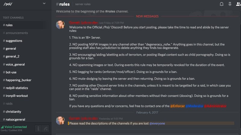 Screenshot: /pol/ server. Rule 7 codifies raiding for members.